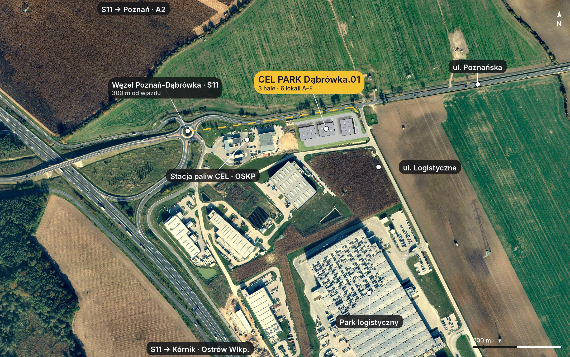 Zdjęcie lotnicze: węzeł S11 Poznań-Dąbrówka, stacja CEL, CEL PARK przy ul. Poznańskiej, park logistyczny