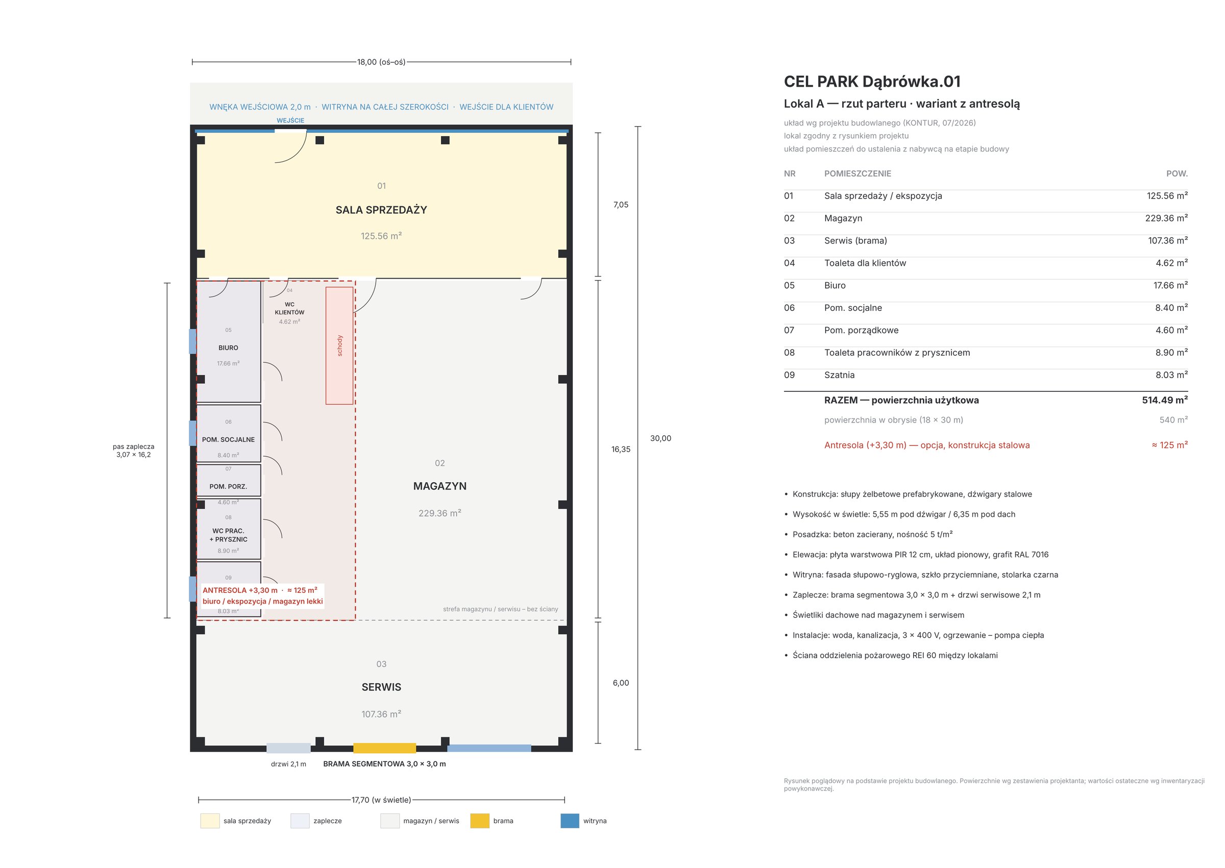 Rzut lokalu A z antresolą ≈125 m² na poziomie +3,30 m